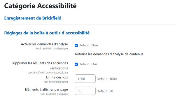 Page des réglages de la boîte à outils d'accessibilité Brickfiel
