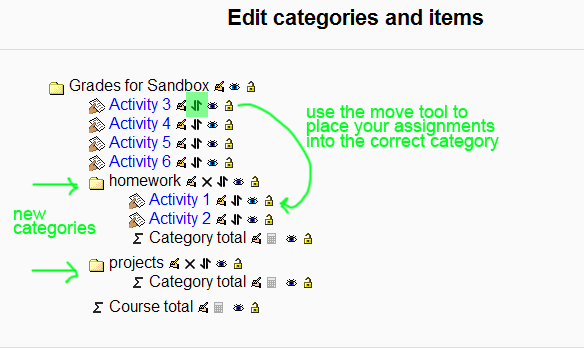 Use the move tool to categorize the assignments
