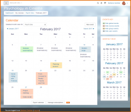 Calendario todo-en-uno La herramienta del calendario de Moodle le ayuda a mantener al día su calendario académico o el de la compañía, fechas de entrega dentro del curso, reuniones grupales y otros eventos personales. Calendario