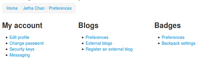 User preferences page.