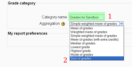 Changing the category name for the course and the aggregation method