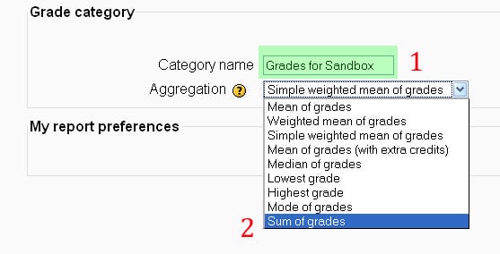 Changing the category name for the course and the aggregation method