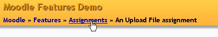 The user is in the "An Upload File assignment" activity and is ready to click on Assignments, in the "Features" course