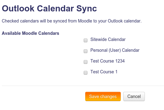 Calendar sync selection page