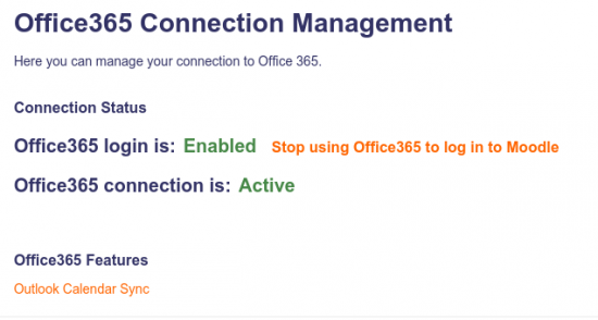 Office365 Connection Management page