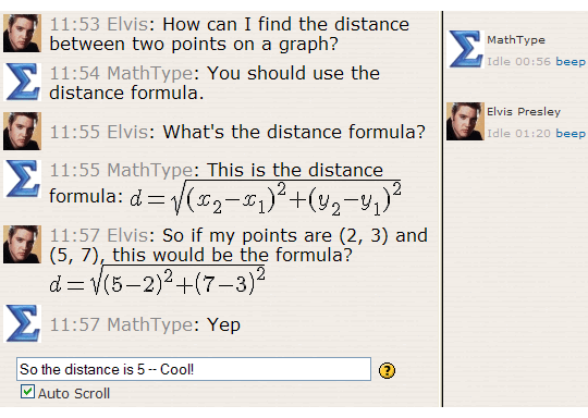 An example of a chat using equations rendered by the Moodle TeX Filter.