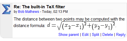 The forum post after the equation is rendered by Moodle's TeX filter.