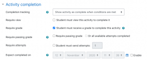 Quiz activity completion settings