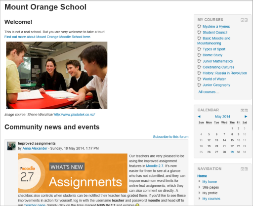 View of a simple Front Page, displaying what a Student might see when logged in