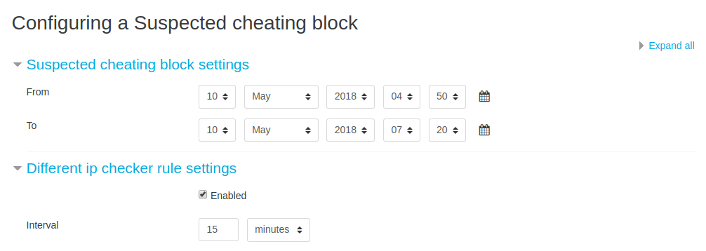 Suspected cheating block settings form