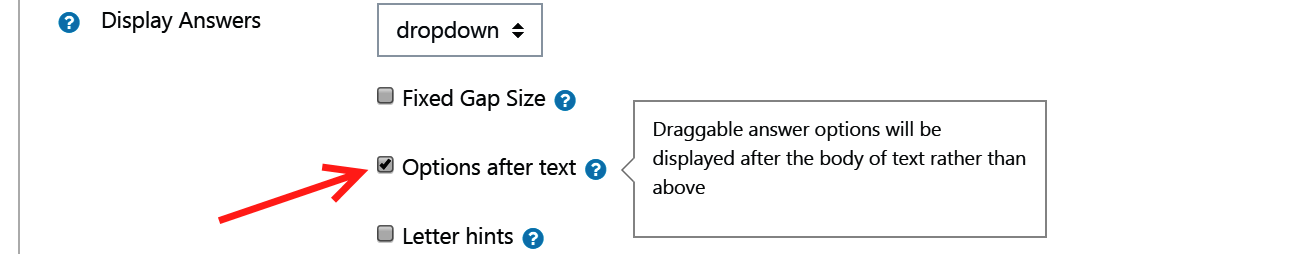 Checkbox to display options after text