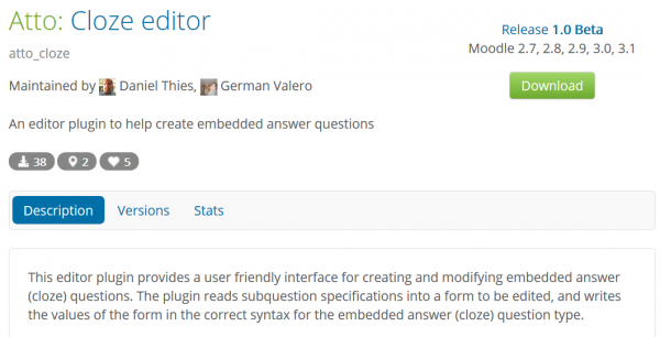 Atto cloze editor available in Moodle plugins database.png