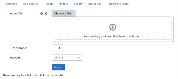 A screenshot of the import sessions interface in Attendance