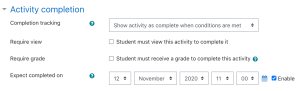 Activity completion settings for most graded activities