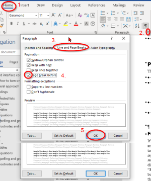 Word Paragraph Dialog box, Lines and page breaks tab