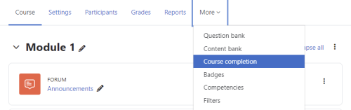 Course completion is visible in the dropdown