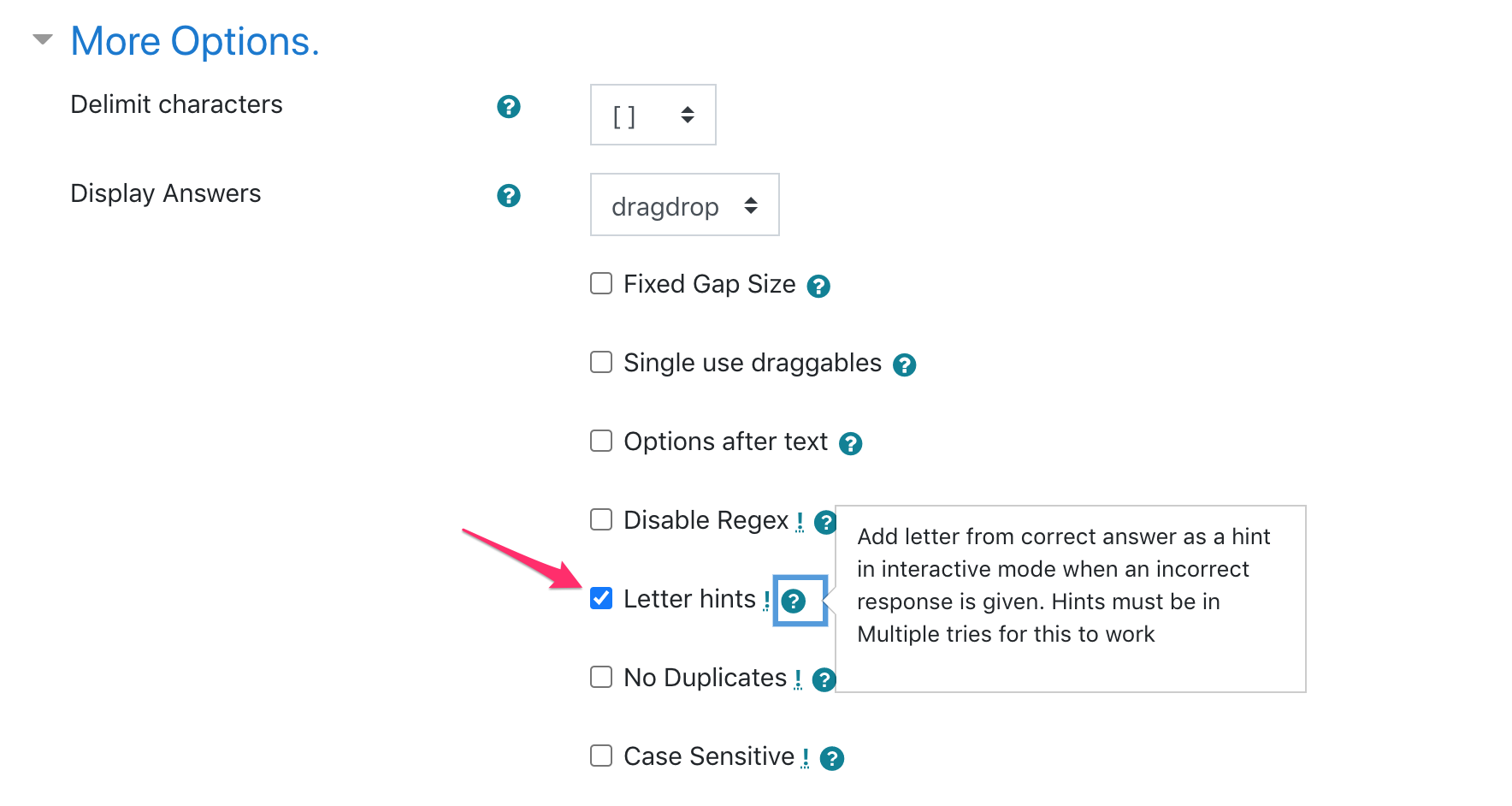 Checkbox to set letter hints