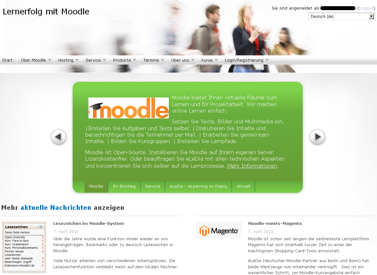 Beispiel f&uuml;r eine Moodle-Startseite nach der Anmeldung