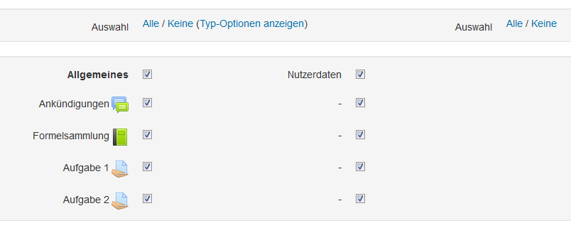 Auswahl der zu sichernden Aktivit&auml;ten und Materialien