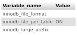 innodb_file_format=(blank);innodb_file_per_table=ON;innodb_large_prefix=(blank)