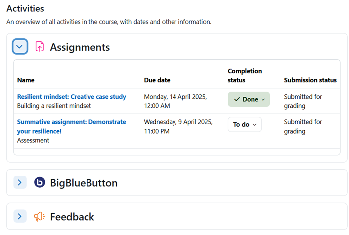 Activities overview showing assignments for students