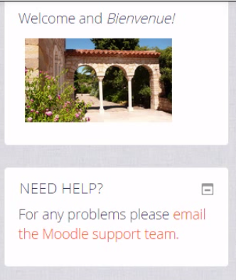 Dos bloques HTML del curso para aprender Moodle en idioma inglés en https://learn.moodle.net