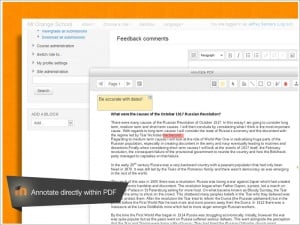 Calificación en-línea Revise con facilidad y proporcione retroalimentación en-línea, al hacer anotaciones directamente sobre archivos PDF dentro del navegador de Internet. Módulo tarea